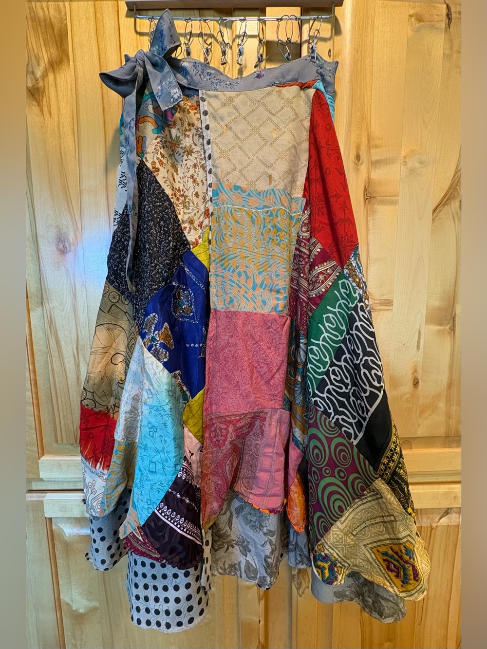 Bohemian patchwork silk wrap made from upcycled vintage Indian sari fabric